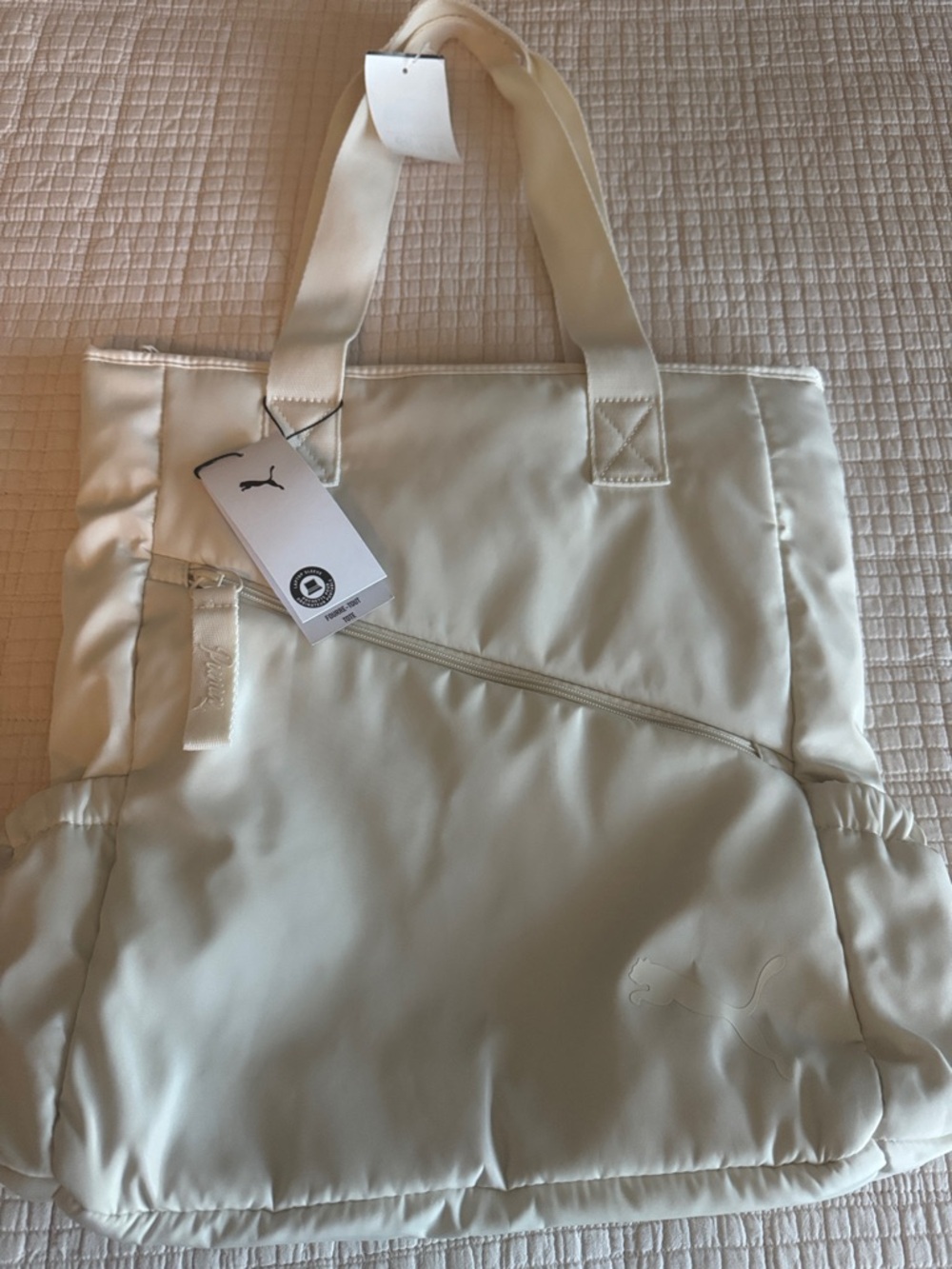 Puma Cream Quilted Tote Bag with Front Zip Pocket